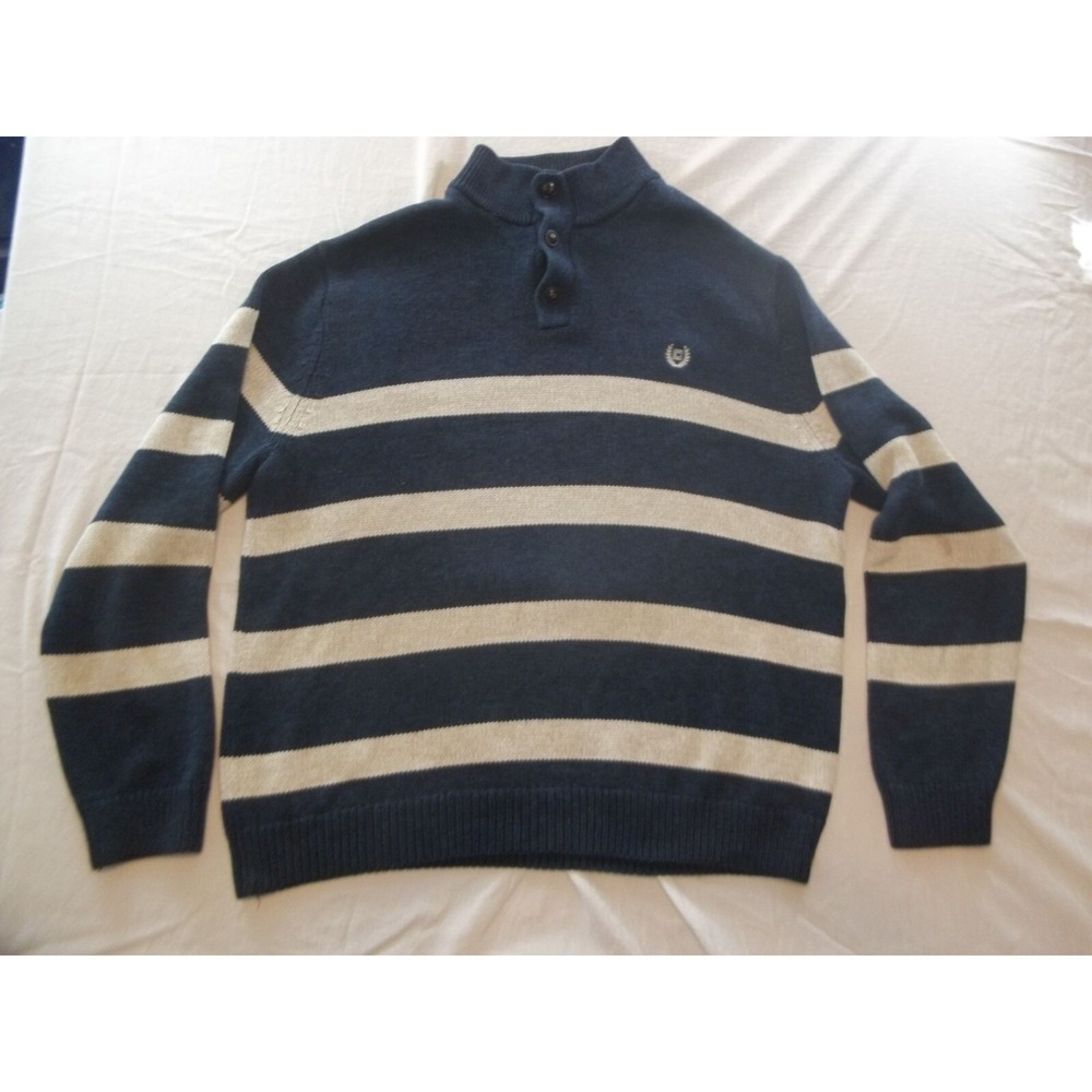 Chaps Mens XL Navy Blue Cream‎ Striped Mock Neck Button Sweater 100 Cotton